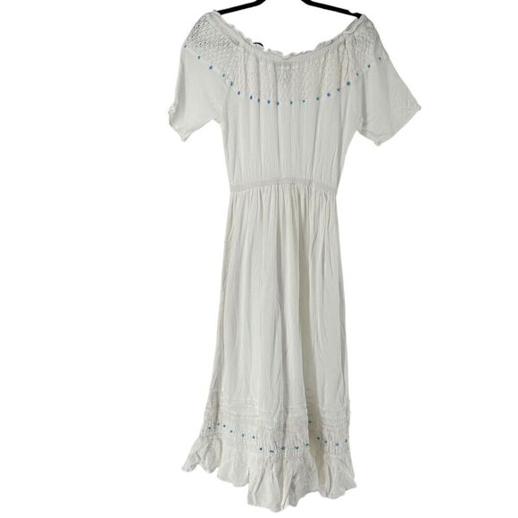 220 Hickory Maxi Dress White Off The Shoulder Turquoise Bead Size S Ruffle Crepe - Picture 1 of 12